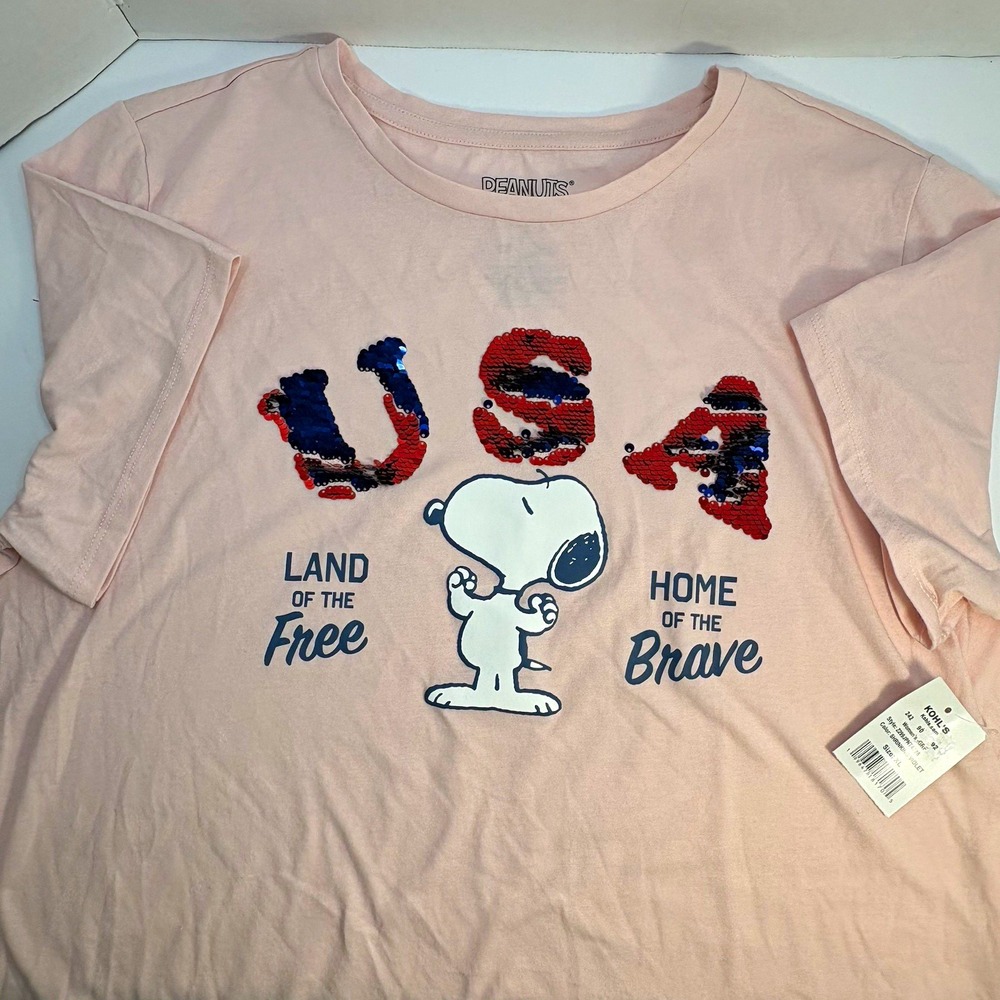 Hybrid Peanuts Snoopy USA Sequin Graphic Pink T-Shirt Womens XL MH1137G